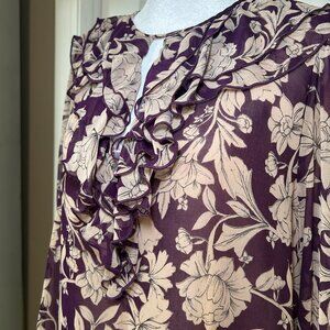 Zara Eggplant Purple Beige Floral Ruffle Chiffon Dress – Size M